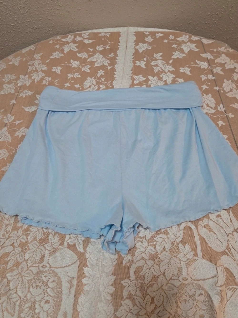 No Boundaries Light Blue Fold-Over Waist Ruffle Hem Shorts